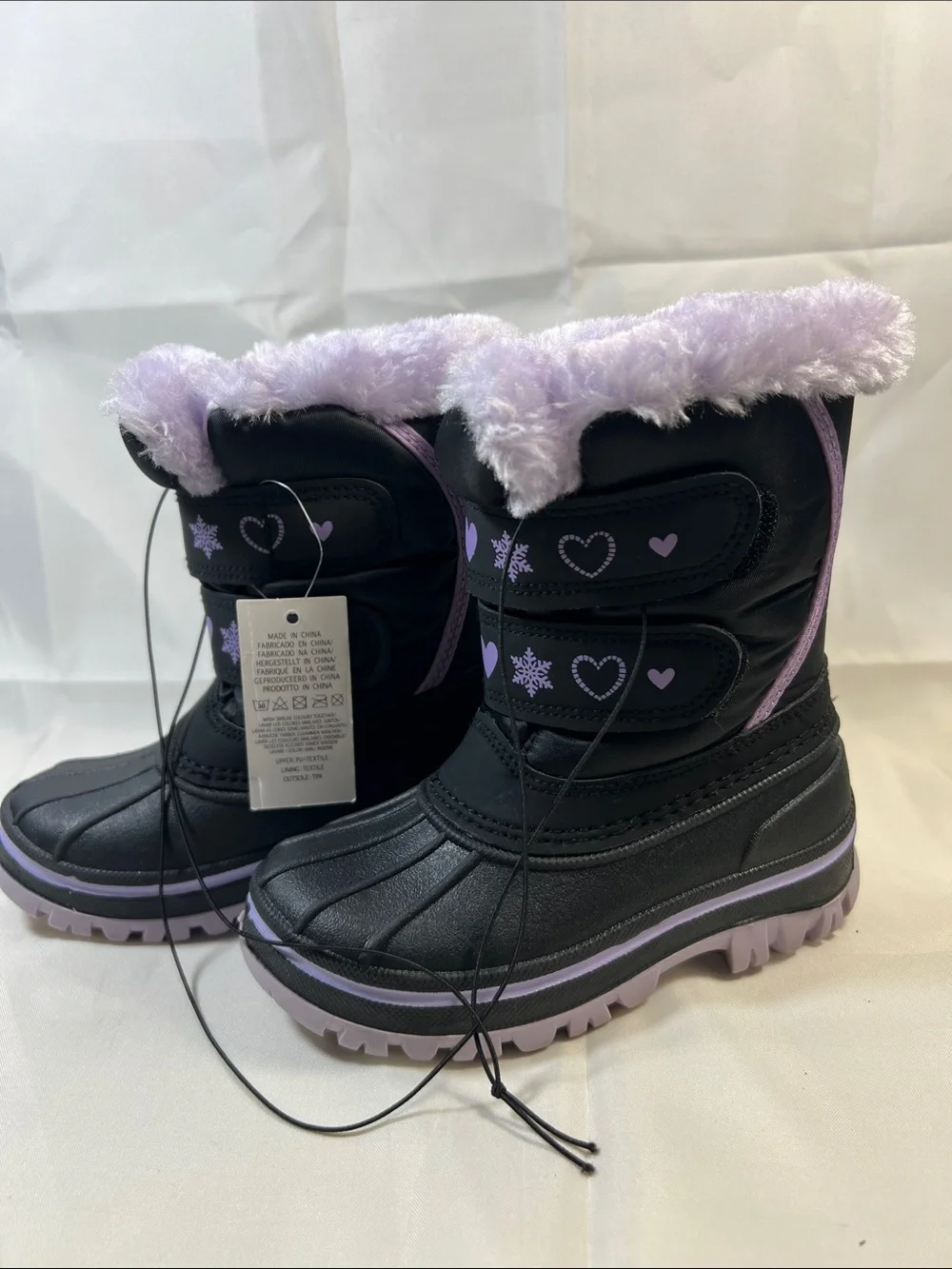 Kids Black & Lilac Snow Boots with Heart Accents